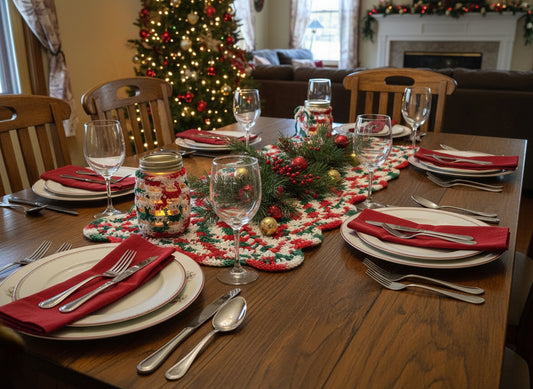 table set with using sitched creations table runner and two teal light cancles.