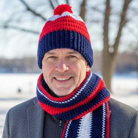 Hat and scarf set red, white and blue - Stitched Creations