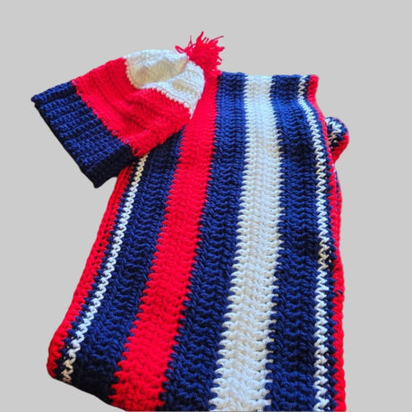 Handcrafted Crochet Hat and Scarf Set – Red, White, Blue - Stitched Creations