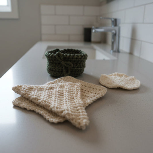 Face scrubby and cream washcloths in gray chunky yarn basket set