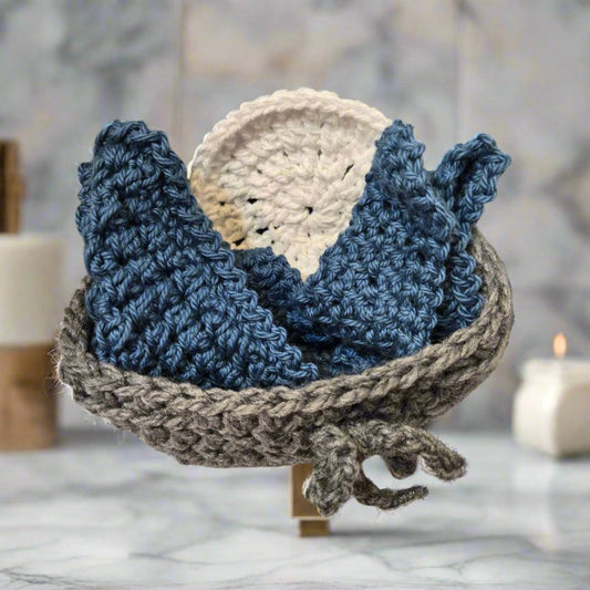 Gray gift basket set with handmade cotton washcloths and facial scrubby for spa use