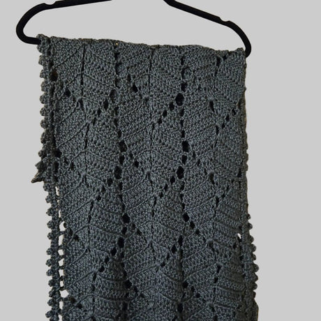 Handmade Crochet Shawl Wrap, Light Gray Leaf Design - Stitched Creations