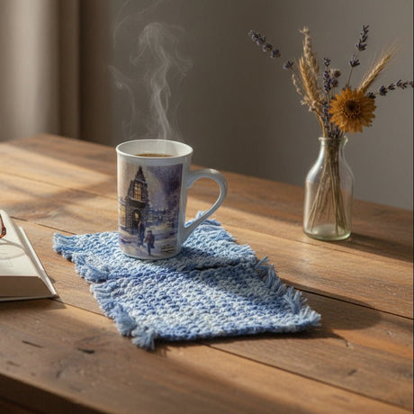 Crocheted blue and white mug rugs - Stitched Creations