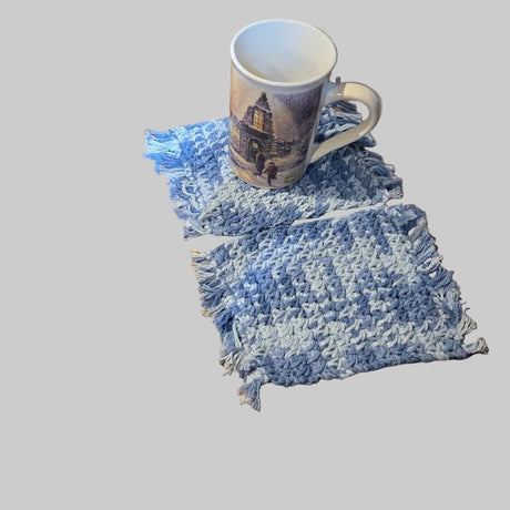 Crocheted blue and white mug rugs - Stitched Creations