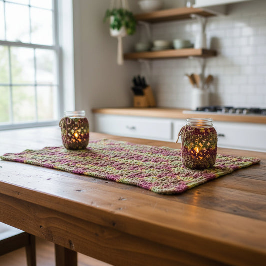 Handmade table runner and two mason jars crocheted cover with tea candles
