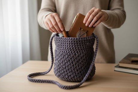 Bronze handmade bucket purse with round base - Stitched Creations