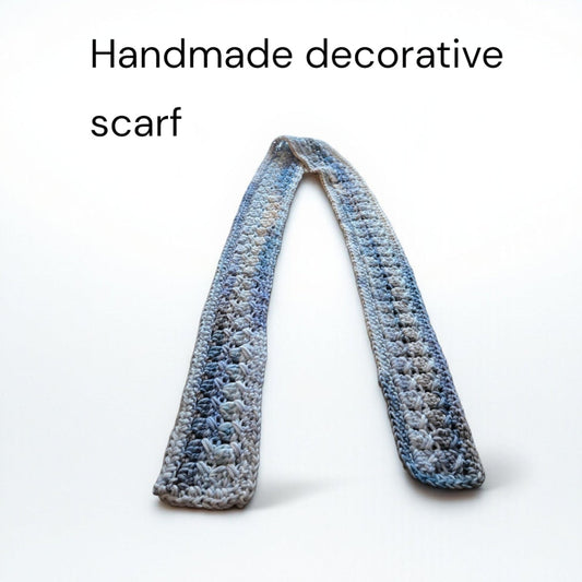 Handmade decorative scarf multi-colored in blues, grays and cream.