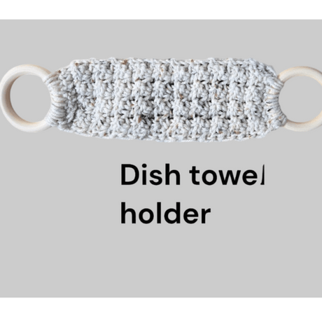 Handmade Crochet Dish Towel Holder with Wooden Rings - Kitchen Towel Hanger - Stitched Creations