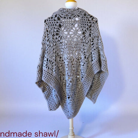 Handmade Crochet Shawl Wrap - Elegant Cream & Gray Lightweight Shawl - Stitched Creations