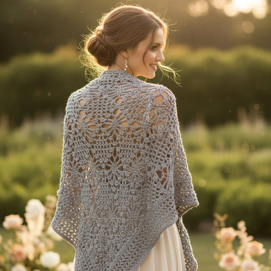 Handmade Crochet Shawl Wrap - Elegant Cream & Gray Lightweight Shawl - Stitched Creations