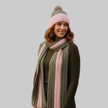 Handmade Crochet Hat and Scarf Set - Pink Gray Winter Beanie Infinity Scarf - Stitched Creations