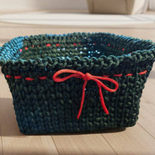 Handmade square macrame basket 5.5 x 5.5 inches with coral red bow accent