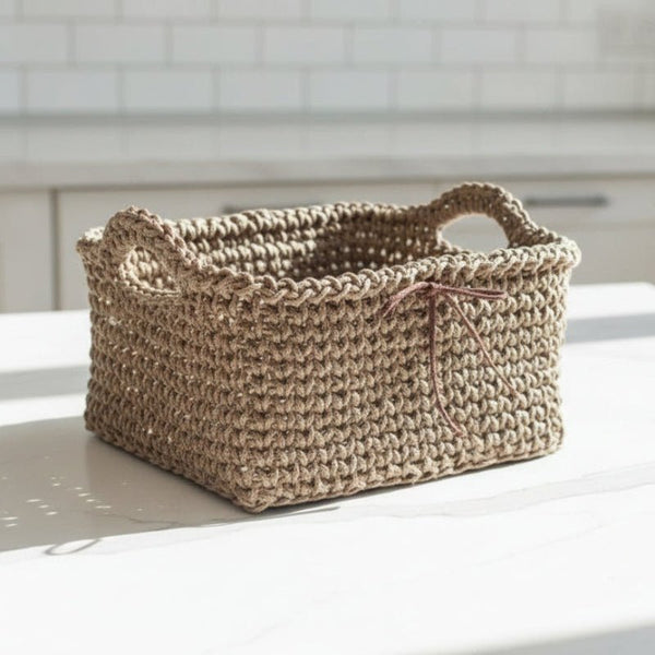 Handmade Crochet Square Storage Basket with Handles - 7.5" x 7.5" x 4" - Stitched Creations
