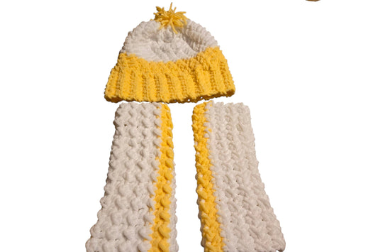 winter hat and fingerless gloves handmade from chunky yarn colors yellow and white