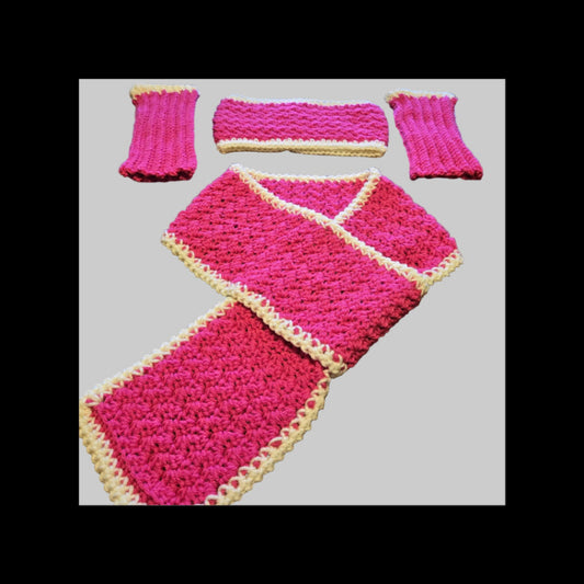 Handmade keyhole scarf, winter headband & fingerless gloves colors pink and white.