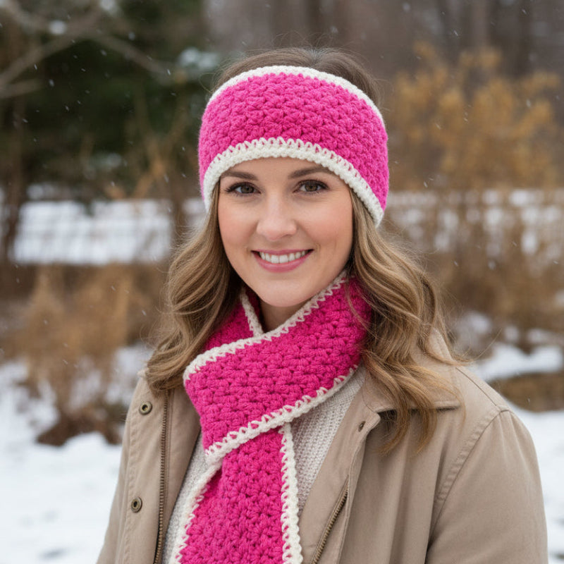 Handmade keyhole scarf, winter headband & fingerless gloves colors pink and white.