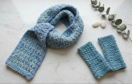 Handmade Keyhole Scarf and Fingerless Gloves Set - Blue Green Multicolor Crochet - Stitched Creations