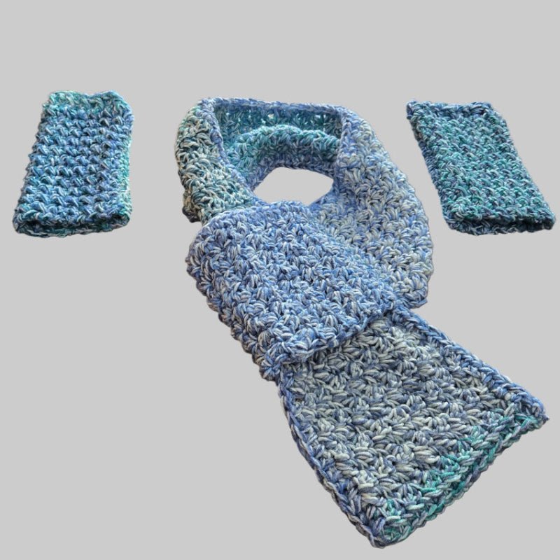 Handmade Keyhole Scarf and Fingerless Gloves Set - Blue Green Multicolor Crochet - Stitched Creations