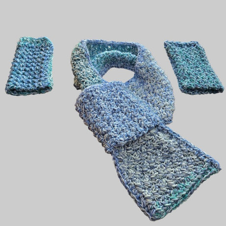 Handmade Keyhole Scarf and Fingerless Gloves Set - Blue Green Multicolor Crochet - Stitched Creations