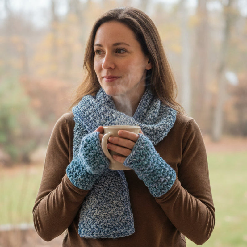 Handmade keyhole scarf in blues, greens and white with a pair of fingerless gloves same colors