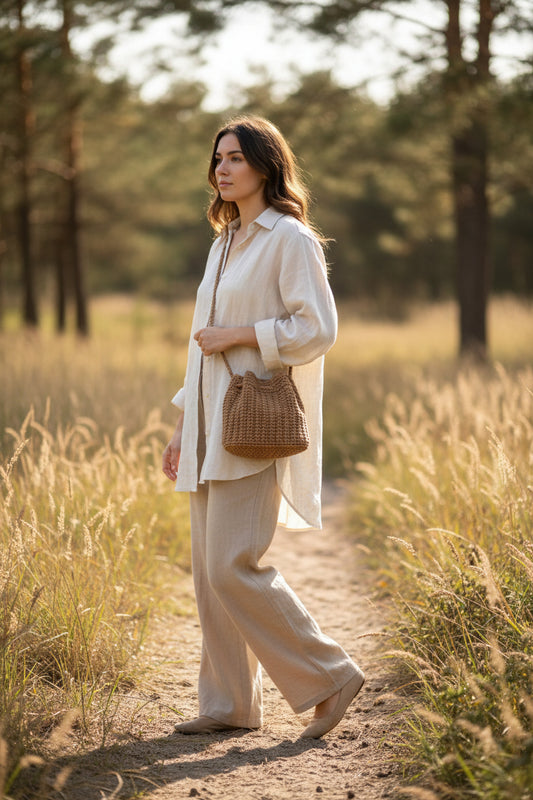 Handmade bucket purse in tan. Made from 100% cotton macrame cord. Has vinyl base . 9 x 7.5