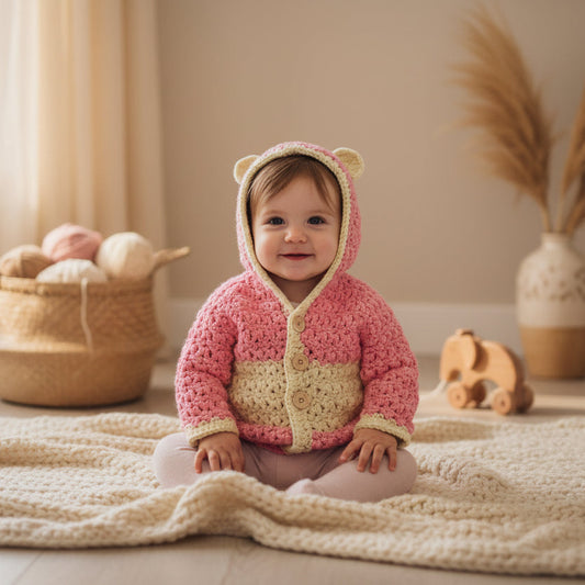 Handmade baby sweater colors pink and cream. Has hood with ears and three button closure. size 6-12 months