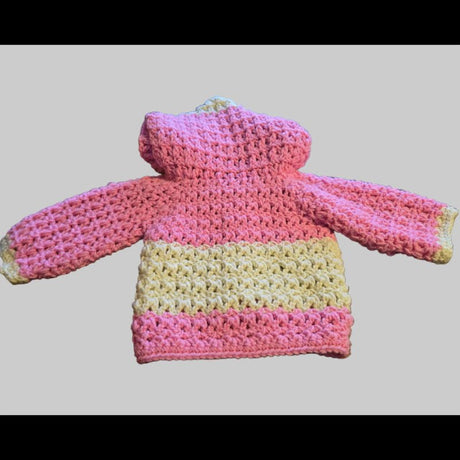 Handmade Crochet Baby Sweater with Hood - Pink & Cream Hooded Cardigan 6 - 12 Months - Stitched Creations