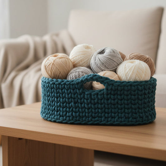 Summer blue oval basket handmade with macrame cord colors black/gray. Measures 10 X 6