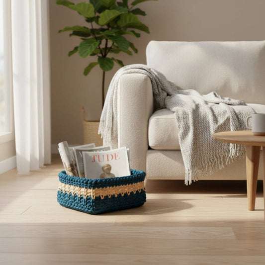 Handmade heart shaped basket mace from macrame cord. Measures 8 x 12 3 inch depth. Colors white and summer blue.