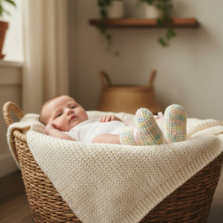 Elegant Newborn Gift Basket with Handmade Booties and Macramé Decor - Stitched Creations