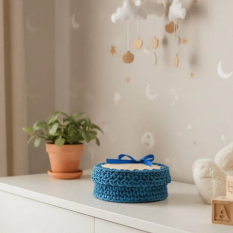 Handmade Crochet Baby Gift Box with Blue Booties – Newborn to 3 Months - Stitched Creations