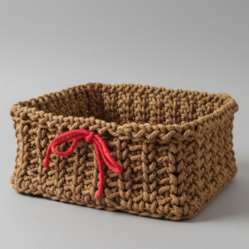 Handmade square basket made with macrame cord color brown. Measure 9.5 x 9.5 with 2.25 inch depth. Basket also has a wood base for support.