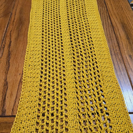 Handmade Crochet Table Runner 66" x 11" – Mustard Yellow Boho Farmhouse Decor - Stitched Creations