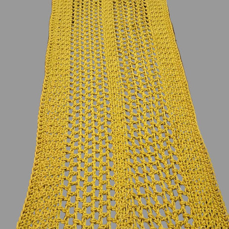Handmade Crochet Table Runner 66" x 11" – Mustard Yellow Boho Farmhouse Decor - Stitched Creations