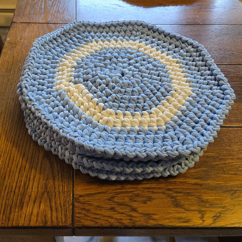 Handmade Crochet Place Mat Set – Octagon | Blue & Cream - Stitched Creations