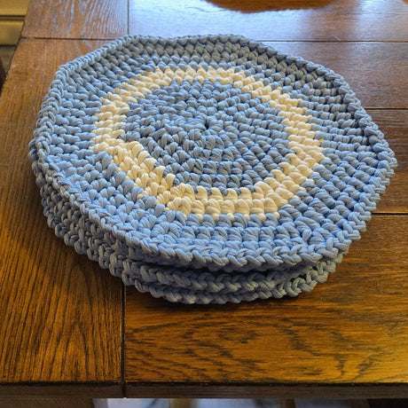 Handmade Crochet Place Mat Set – Octagon | Blue & Cream - Stitched Creations
