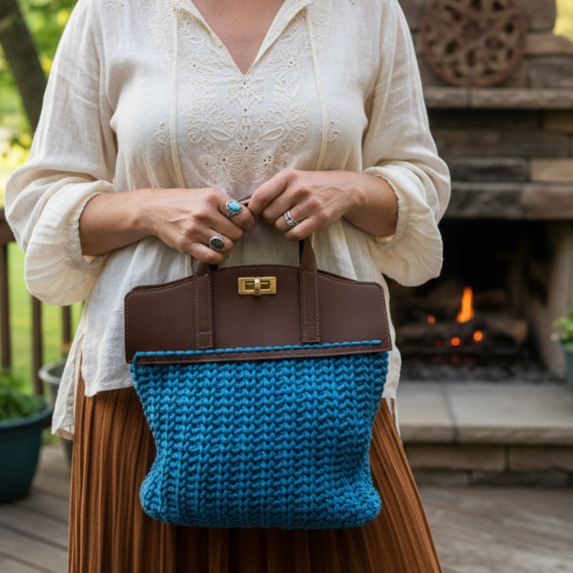 Handmade Macrame Purse with leather top and bottom- by Stitched Creations