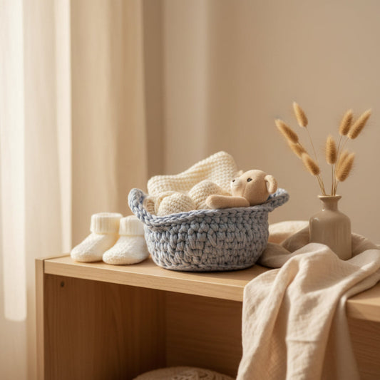 Baby gift basket with blue t-shirt yarn handles including white chunky yarn baby hat with ears, cotton wash cloths, and crocheted cotton bag with baby ducks.