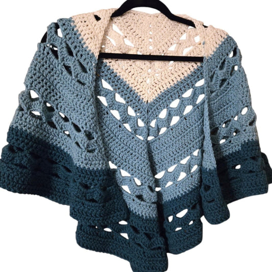 Handmade cotton shawl in green and cream colors, 26x49 inches, lightweight wrap.