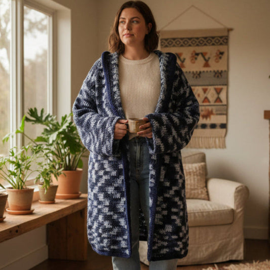 Handmade crocheted long sweater with hood, sleeves, and oversized fit in size L-XL.