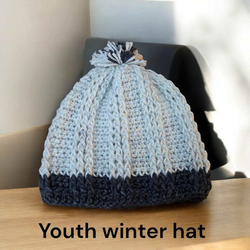 Handmade Youth Winter Hat – Gray and Black - Stitched Creations