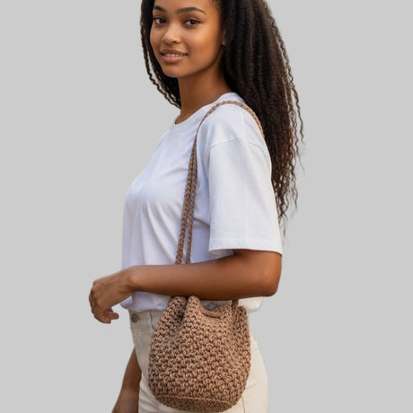 Bronze handmade bucket purse with round base - Stitched Creations
