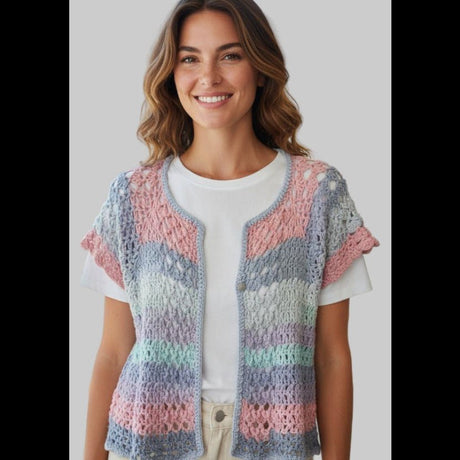 Pastel Crochet Cardigan Vest - Handmade Short Sleeve Summer Sweater - Stitched Creations