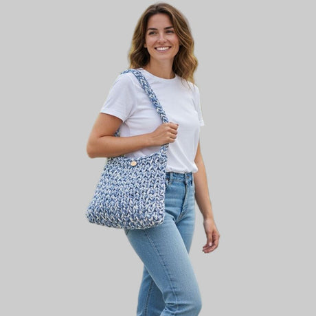 Multi - Colored Blue Crocheted Shoulder Bag - Handmade Purse - Stitched Creations