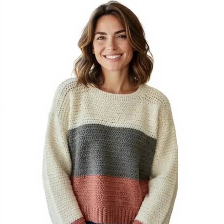 Handmade Pullover Sweater - Cream Gray Mauve Knit Sweater for Women - Stitched Creations