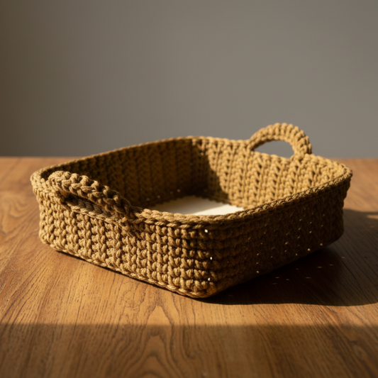 Brown woven basket with handles on a white background