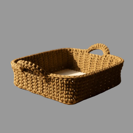 Handmade Macrame Storage Basket with Wood Base - 10x10 Boho Organizer - Stitched Creations
