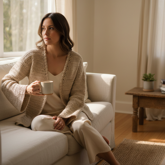 Handcrafted tan cardigan with long sleeves