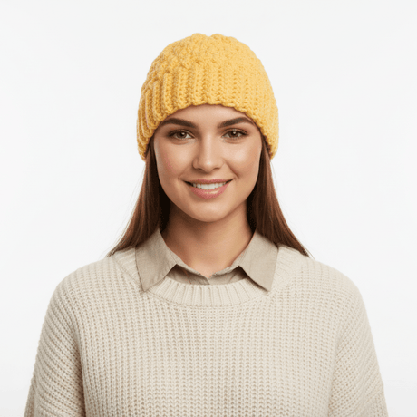 Winter beanie handmade yellow in color - Stitched Creations