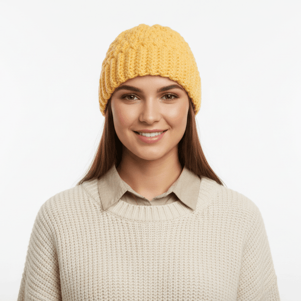 Winter beanie handmade yellow in color - Stitched Creations